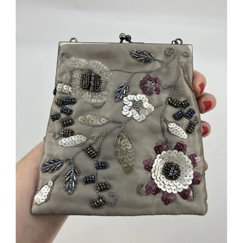 Vtg Elan Beaded Floral Mini‎ Purse Satin Gray Purple Kiss Lock Evening Bag Party